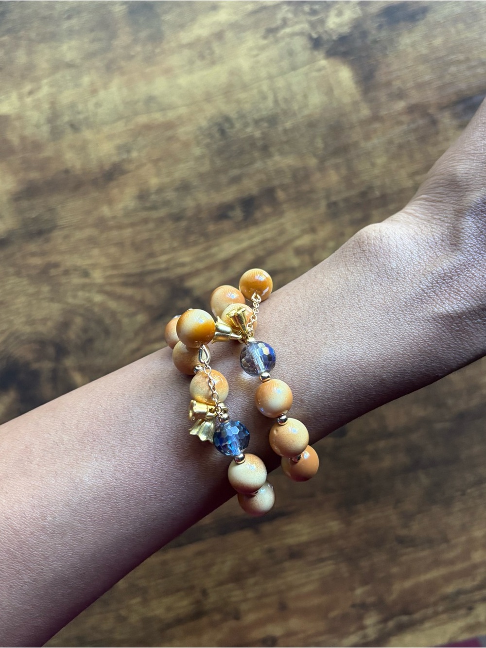 Gold-Tone Brown Beaded Stretch Bracelet with Charm